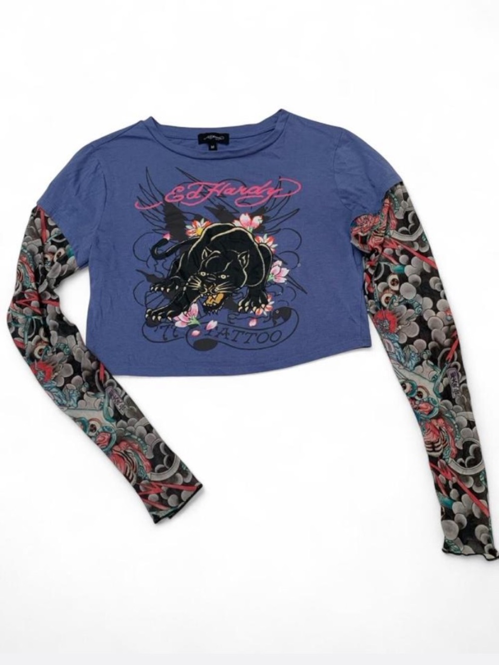 Ed Hardy Tattoo Sleeve Tee Panther Cherry Blossom Graphic Y2K Grunge Size M